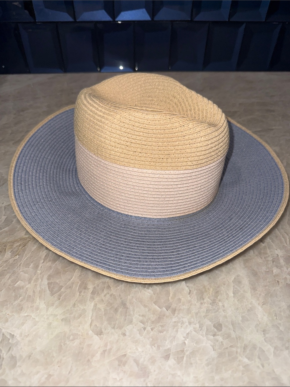 Sun n Sand Blue&White&Tan Woven Hat with 3” Brim.